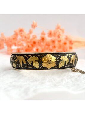 Spanish Floral Damascene Black & Gold Hinged Vintage Bangle Bracelet